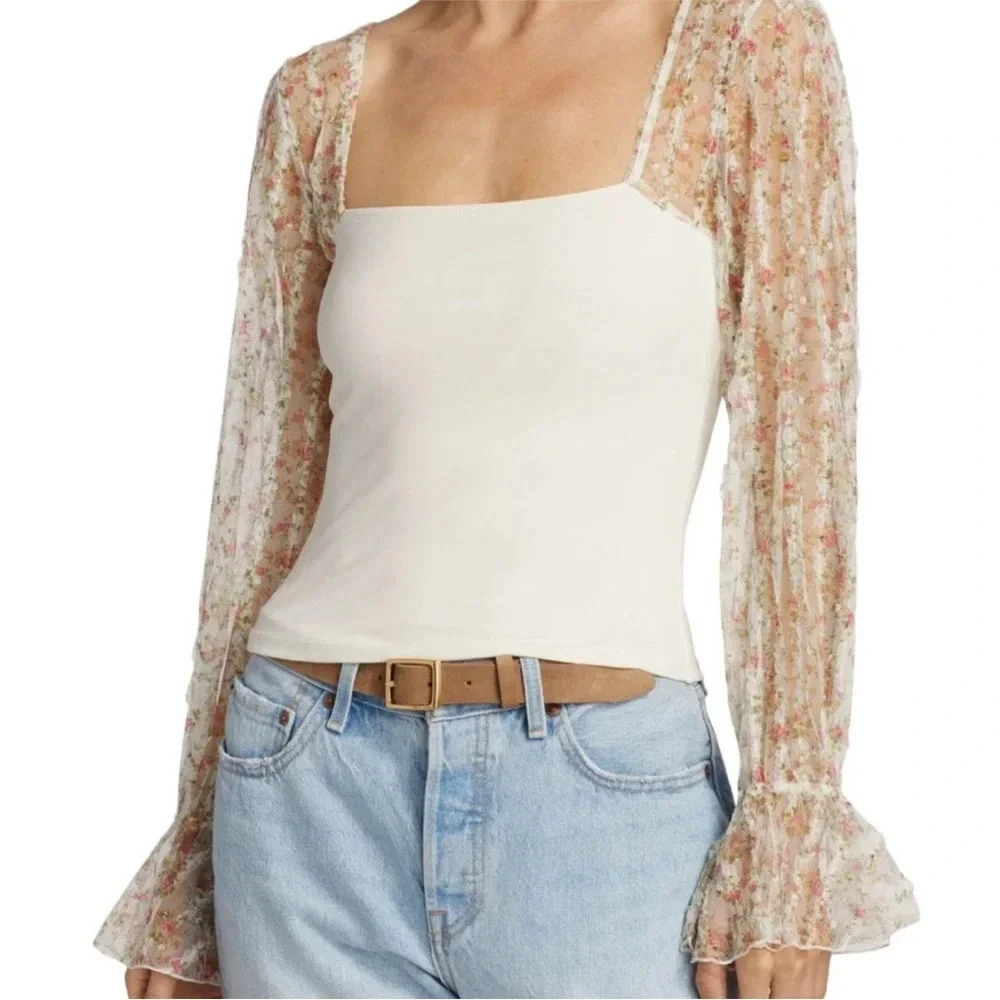 NWT FREE PEOPLE GIMMIE BUTTERFLIES SHEER SLEEVE TOP Size XS